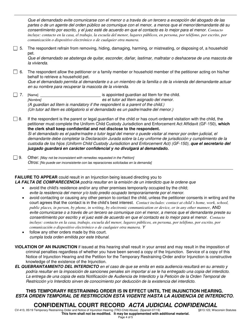 Form CV-413 Temporary Restraining Order and Notice of Injunction Hearing (Child Abuse) - Wisconsin (English / Spanish), Page 4