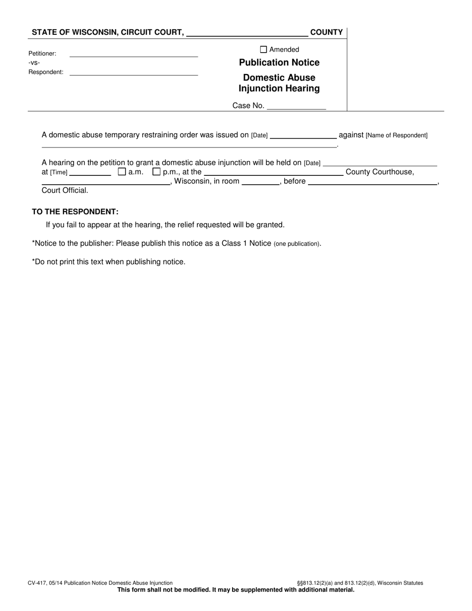 Form CV-417 Publication Notice - Domestic Abuse Injunction Hearing - Wisconsin, Page 1