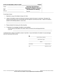 Document preview: Form CV-425 Earnings Garnishment - Objection to Debtor's Answer and Demand for Hearing - Wisconsin