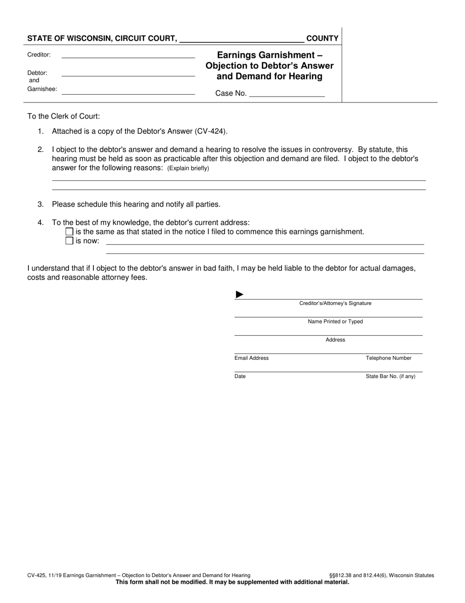 Form CV-425 Earnings Garnishment - Objection to Debtors Answer and Demand for Hearing - Wisconsin, Page 1