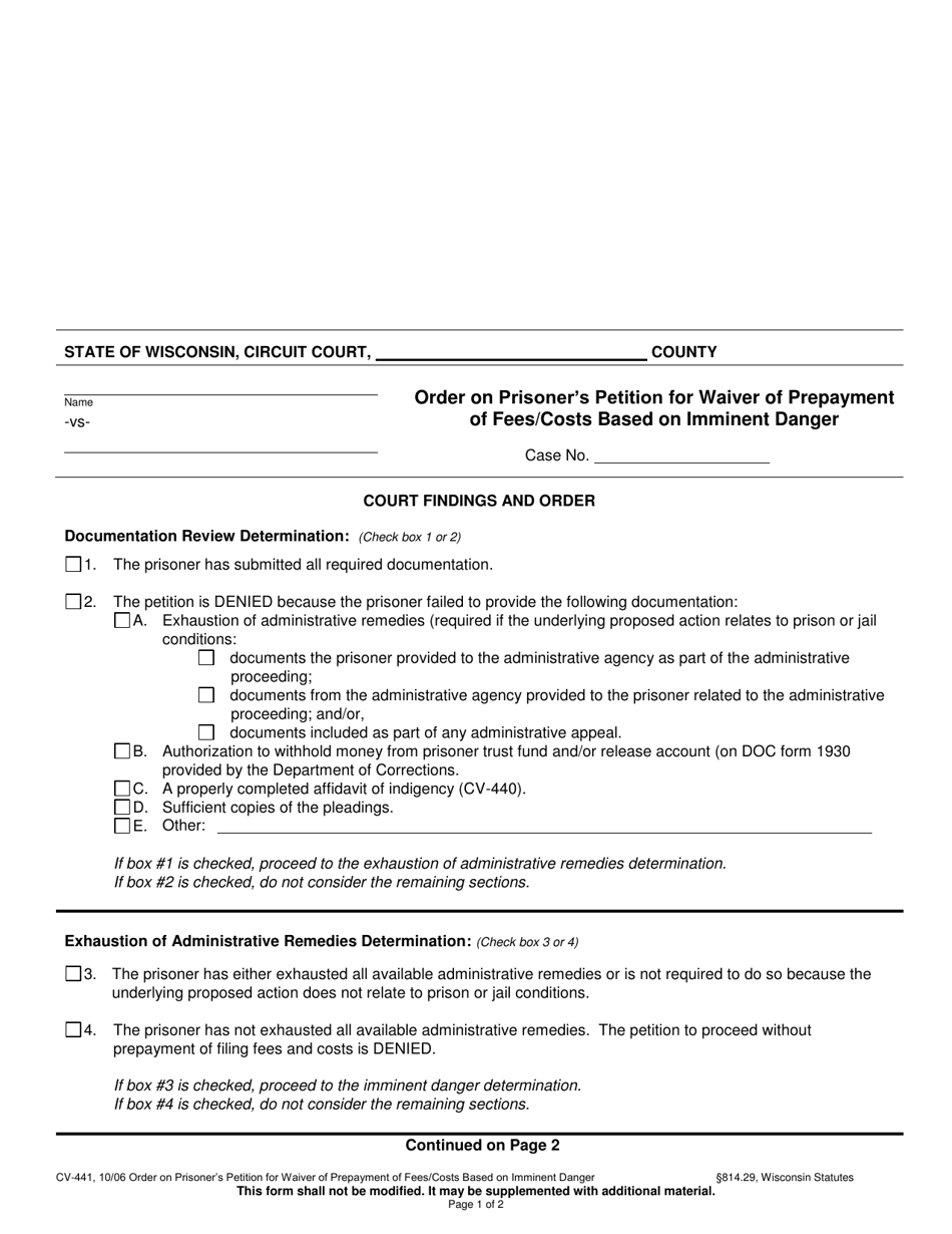 Form CV-441 Order on Prisoners Petition for Waiver of Prepayment of Fees/Costs Based on Imminent Danger - Wisconsin, Page 1
