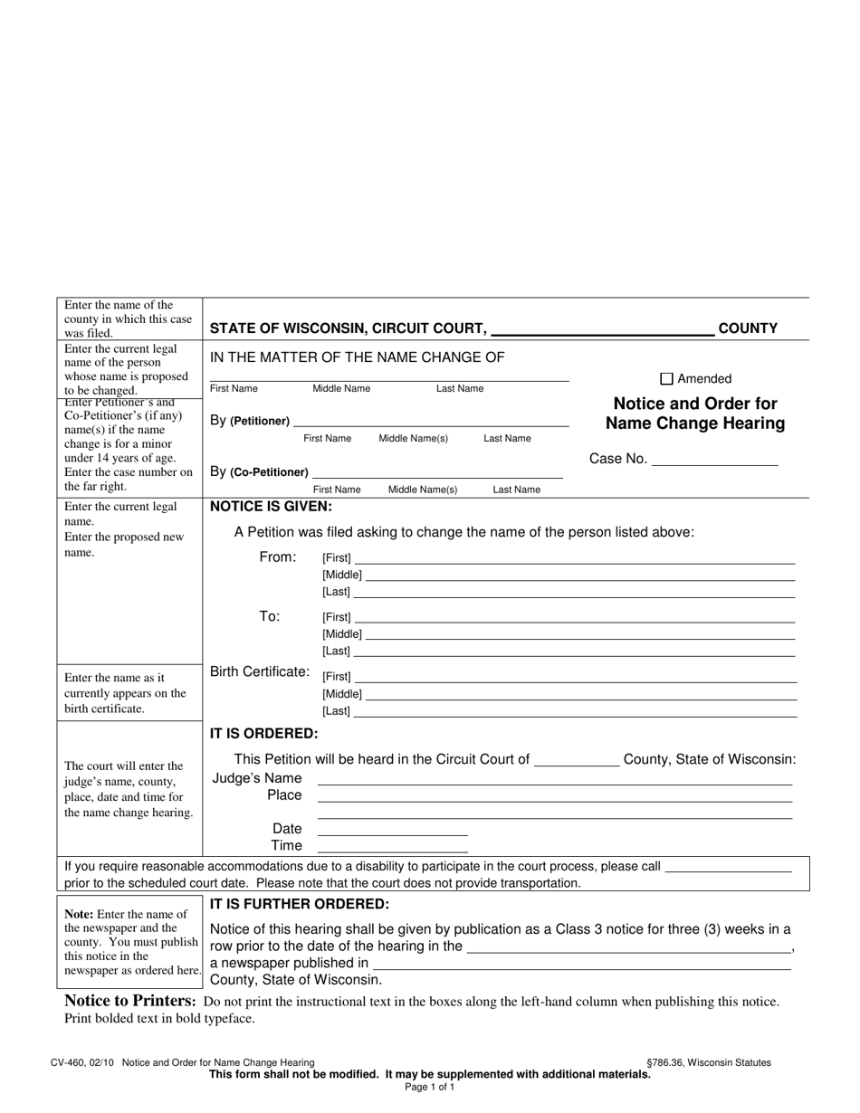 Form CV-460 Notice and Order for Name Change Hearing - Wisconsin, Page 1
