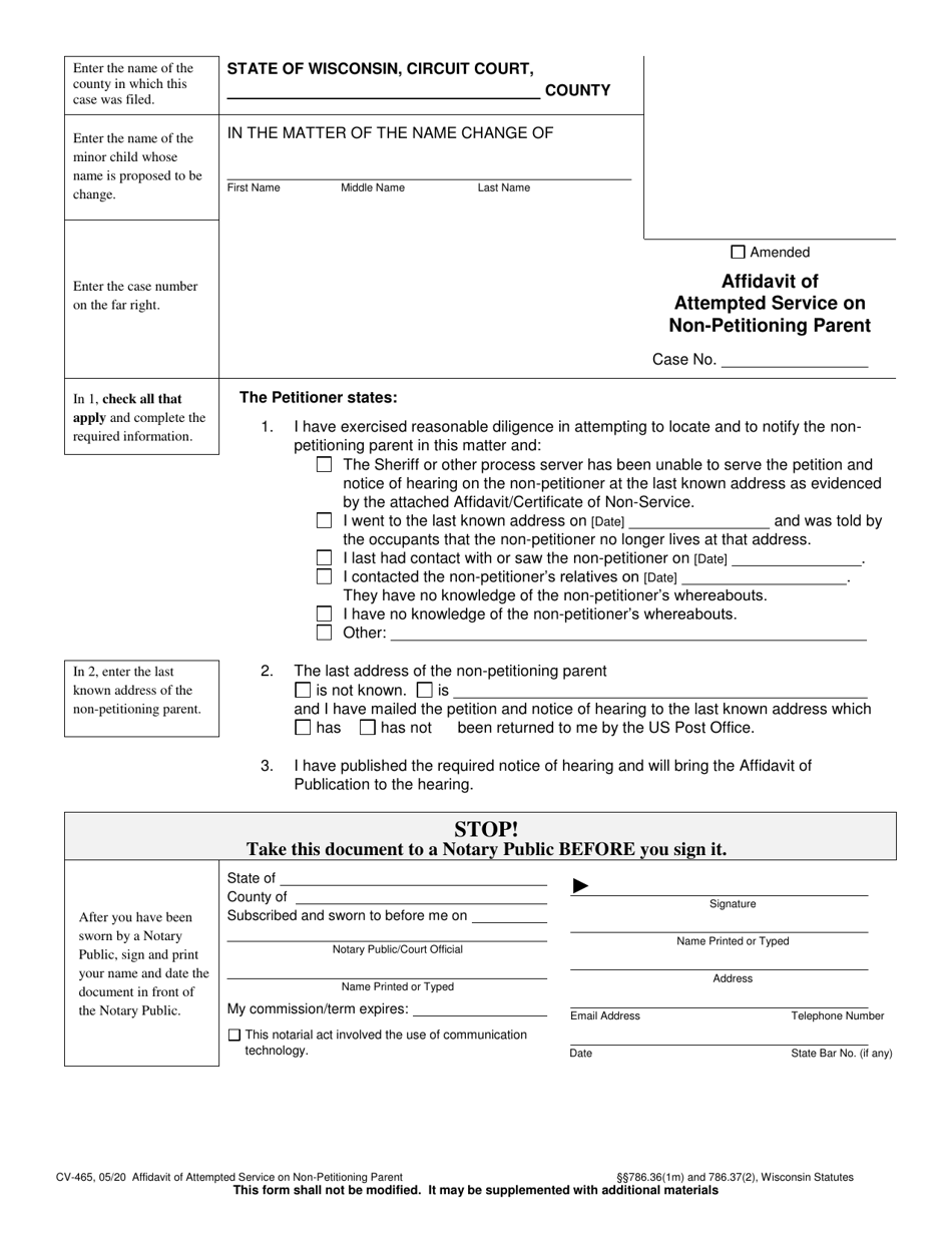 Form CV-465 Affidavit of Attempted Service on Non-petitioning Parent - Wisconsin, Page 1