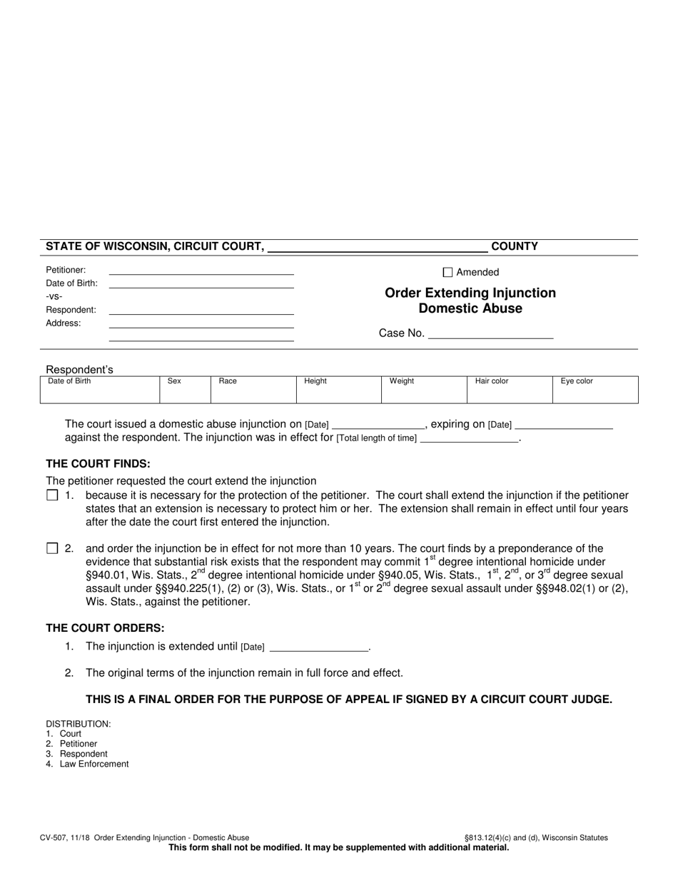 Form CV-507 Order Extending Injunction Domestic Abuse - Wisconsin, Page 1