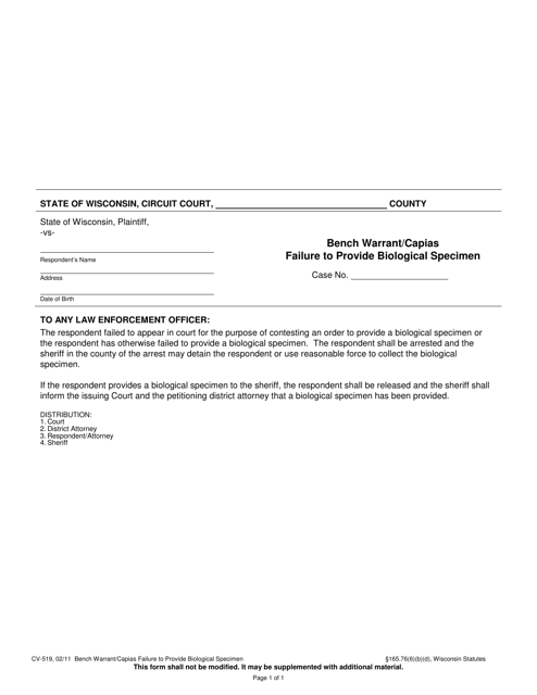 Form CV-519 Bench Warrant/Capias Failure to Provide Biological Specimen - Wisconsin