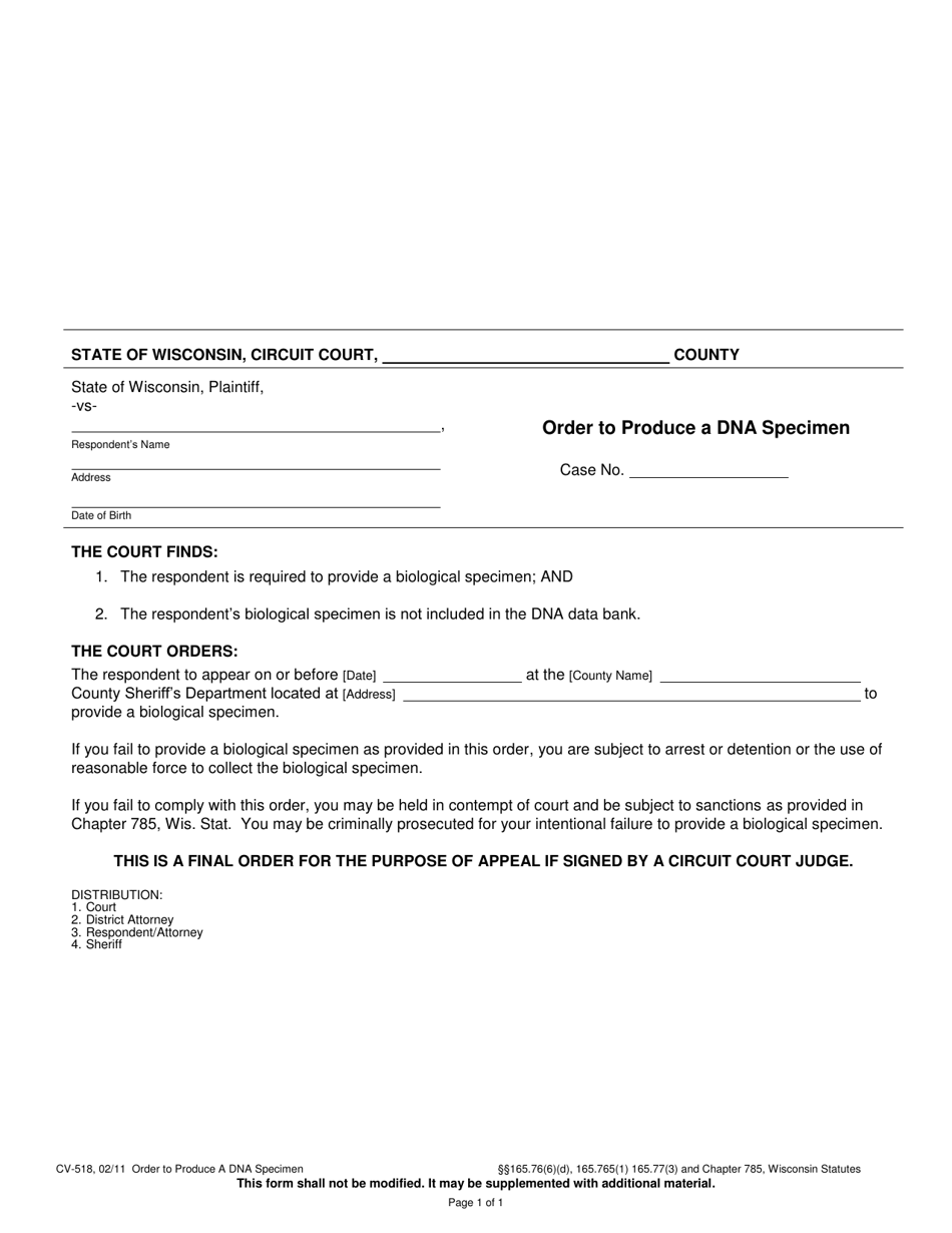 Form CV-518 Order to Produce a Dna Specimen - Wisconsin, Page 1
