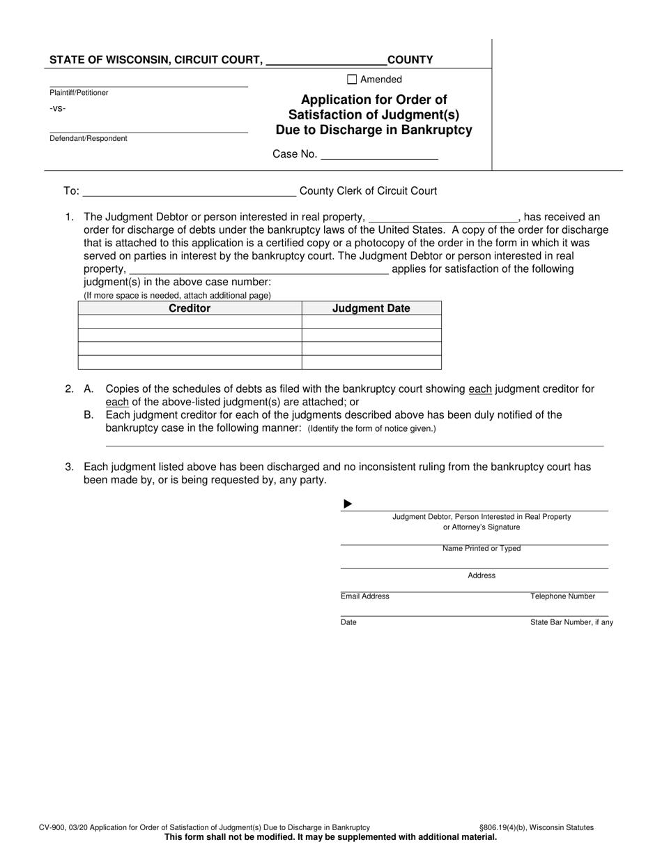Form CV-900 Application for Order of Satisfaction of Judgment(S) Due to Discharge in Bankruptcy - Wisconsin, Page 1