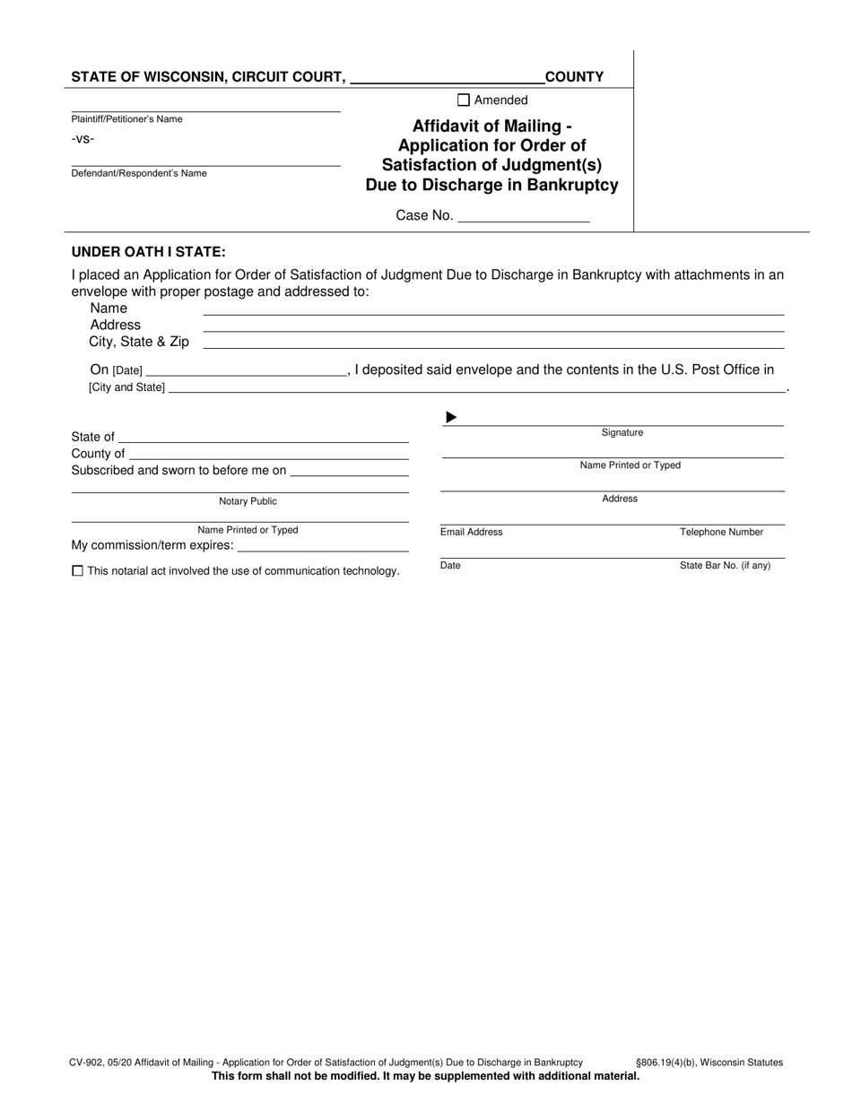 Form CV-902 Affidavit of Mailing - Application for Order of Satisfaction of Judgment(S) Due to Discharge in Bankruptcy - Wisconsin, Page 1