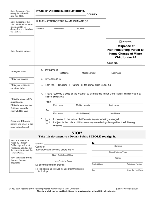Form CV-480 Response of Non-petitioning Parent to Name Change of Minor Child Under 14 - Wisconsin