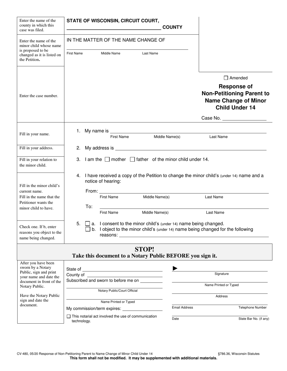 Form CV-480 Response of Non-petitioning Parent to Name Change of Minor Child Under 14 - Wisconsin, Page 1