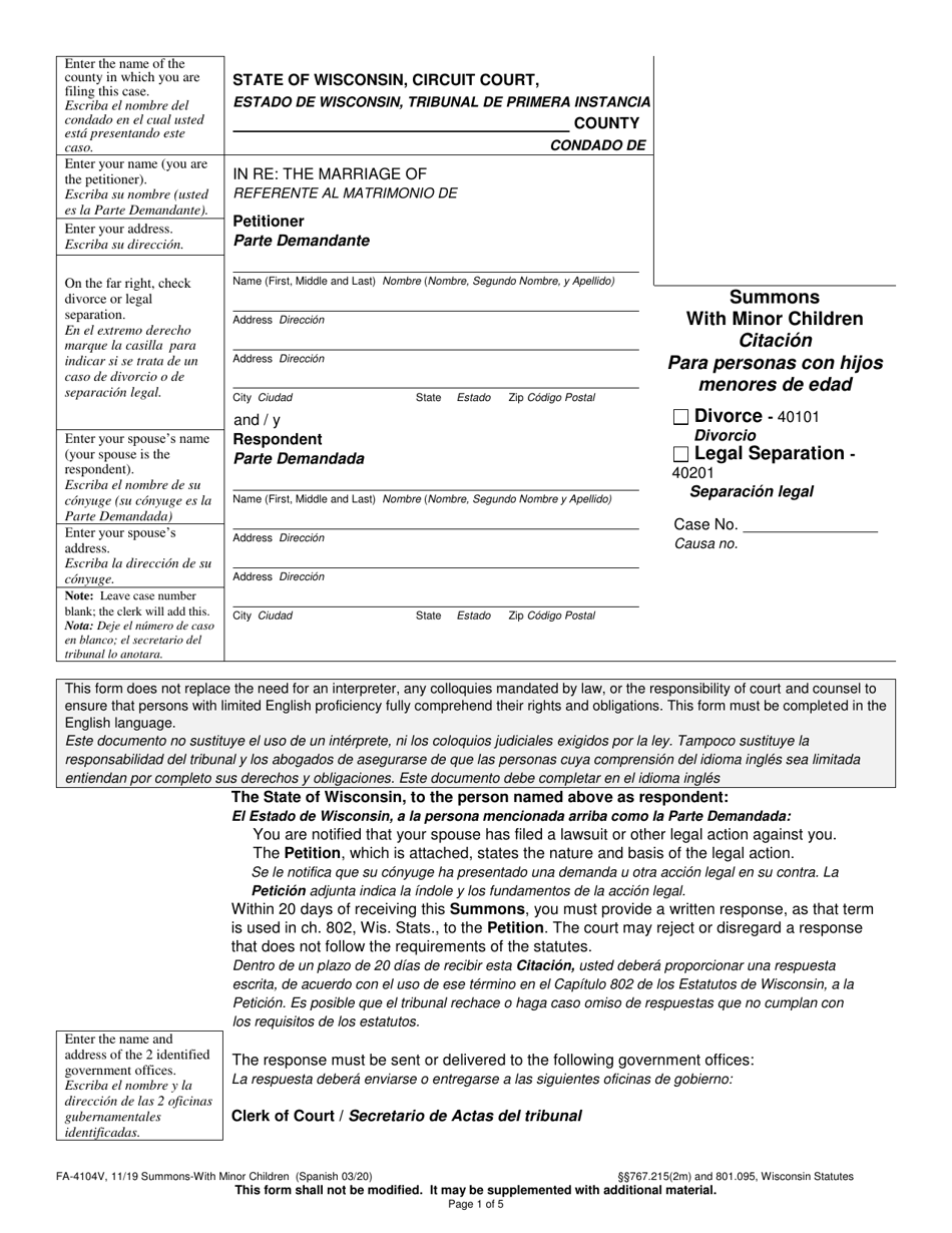 Form FA-4104V Summons With Minor Children - Wisconsin (English / Spanish), Page 1