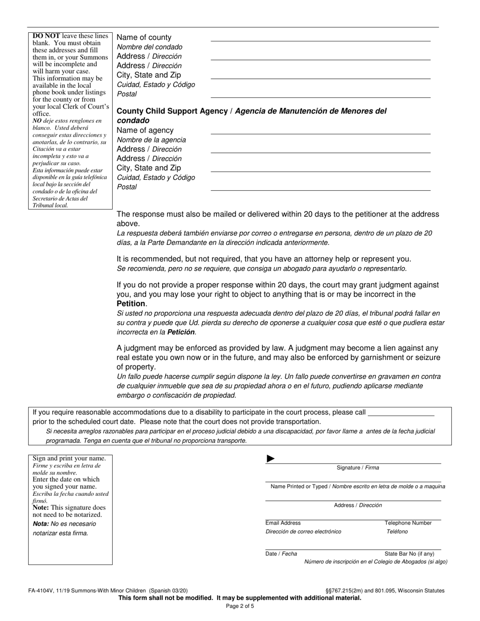 Form FA-4104V Summons With Minor Children - Wisconsin (English / Spanish), Page 2