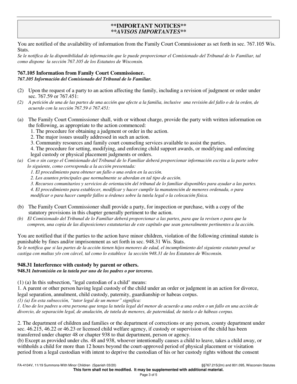 Form FA-4104V Summons With Minor Children - Wisconsin (English / Spanish), Page 3