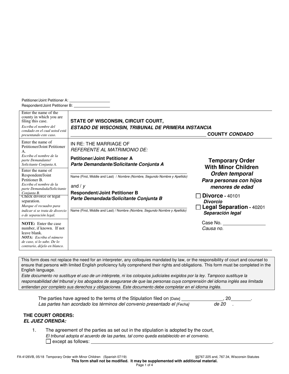 Form FA-4126VB Temporary Order With Minor Children - Wisconsin (English / Spanish), Page 1