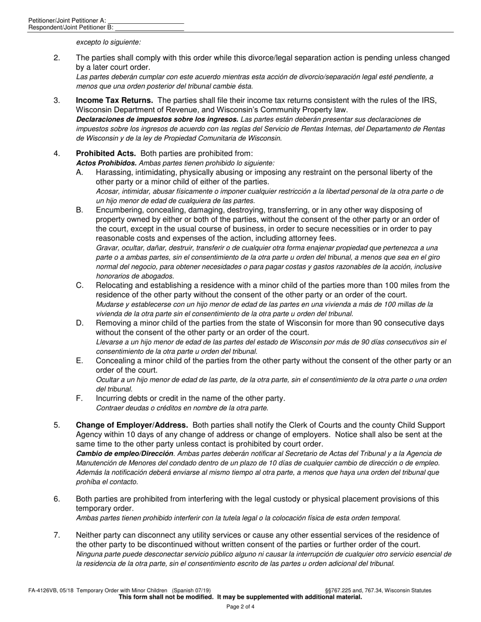 Form FA-4126VB Temporary Order With Minor Children - Wisconsin (English / Spanish), Page 2
