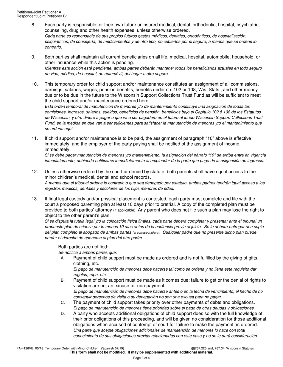 Form FA-4126VB Temporary Order With Minor Children - Wisconsin (English / Spanish), Page 3