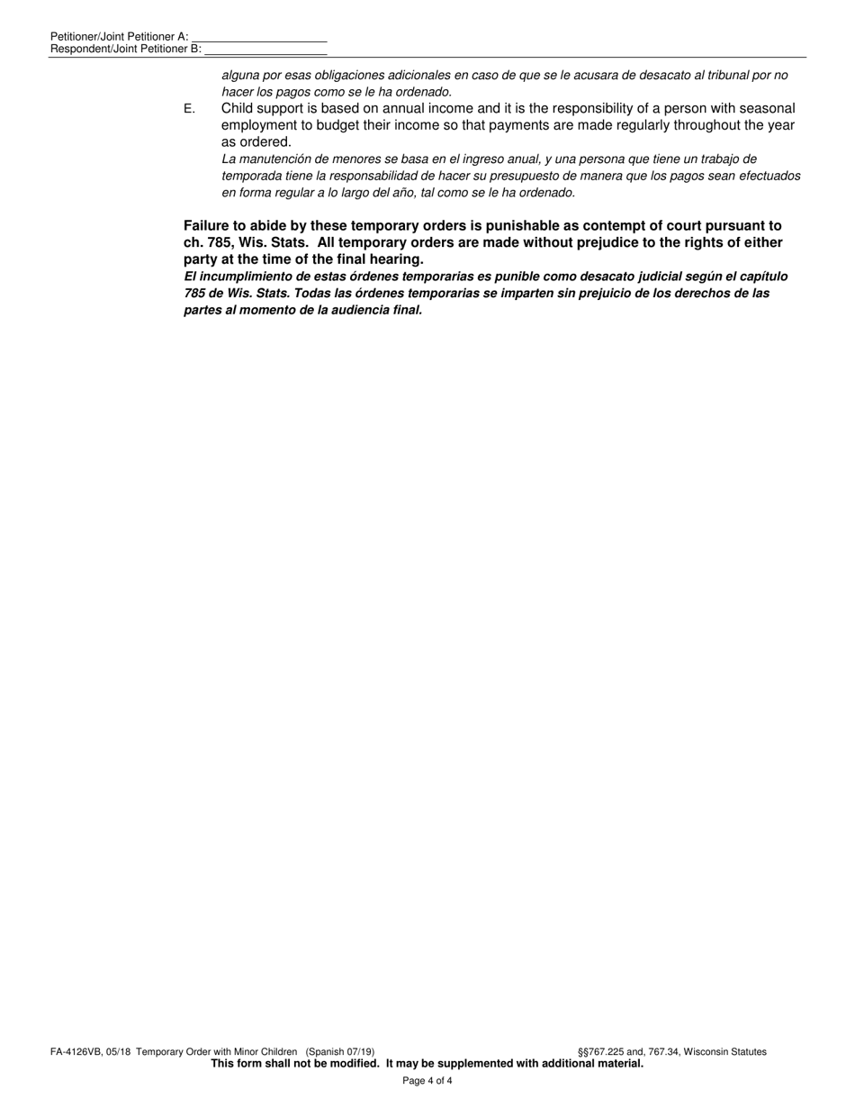 Form FA-4126VB Temporary Order With Minor Children - Wisconsin (English / Spanish), Page 4