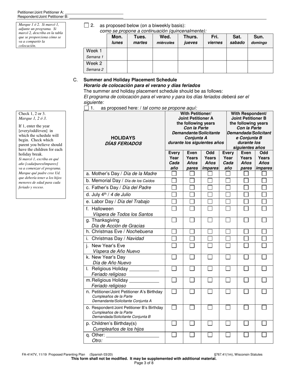 Form FA-4147V Proposed Parenting Plan - Wisconsin (English / Spanish), Page 3