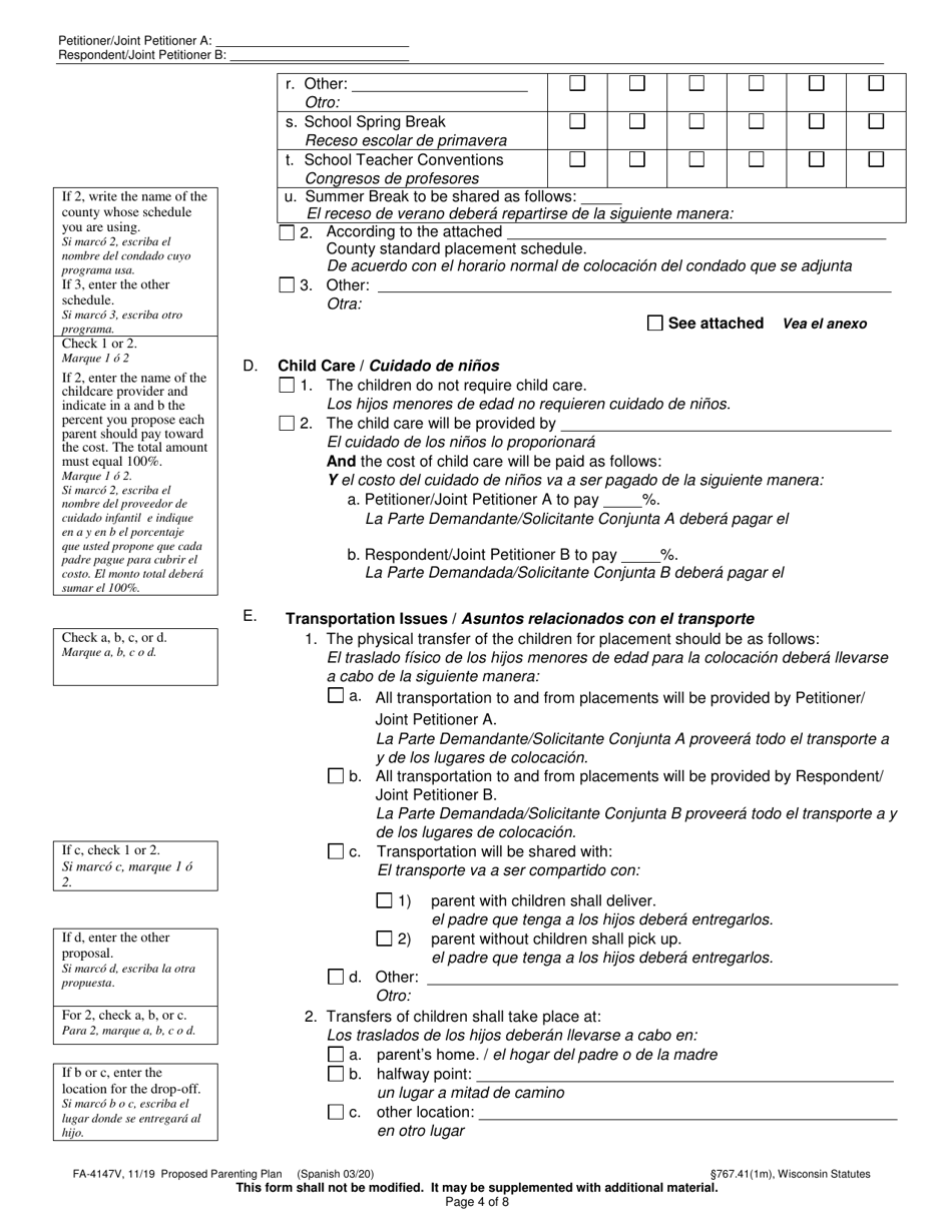 Form FA-4147V Proposed Parenting Plan - Wisconsin (English / Spanish), Page 4
