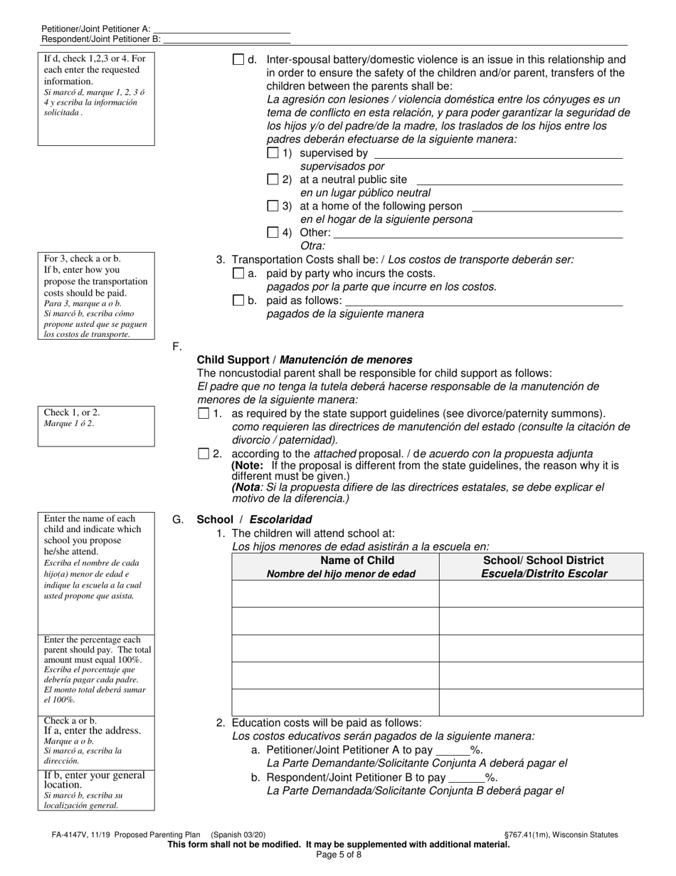 Form FA-4147V Proposed Parenting Plan - Wisconsin (English / Spanish), Page 5