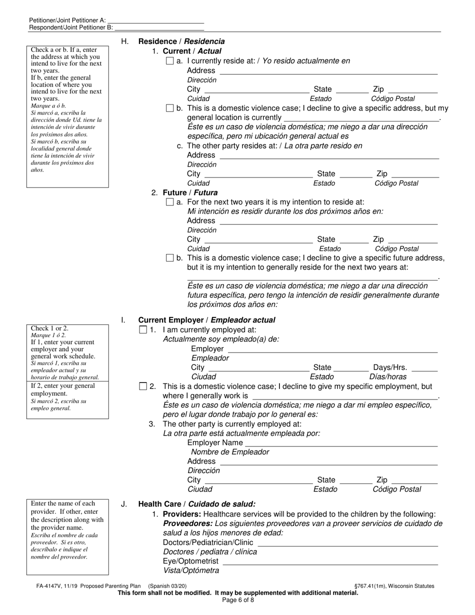 Form FA-4147V Proposed Parenting Plan - Wisconsin (English / Spanish), Page 6