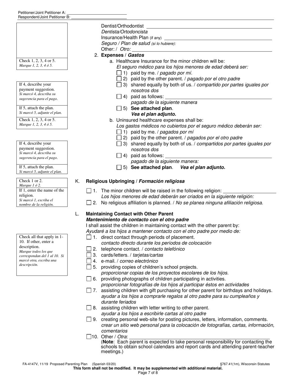 Form FA-4147V Proposed Parenting Plan - Wisconsin (English / Spanish), Page 7