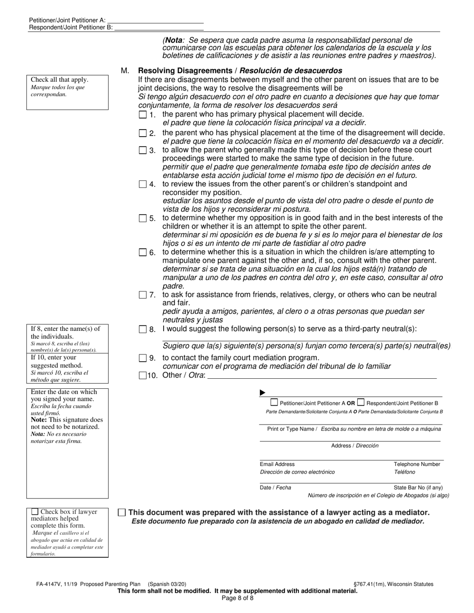 Form FA-4147V Proposed Parenting Plan - Wisconsin (English / Spanish), Page 8