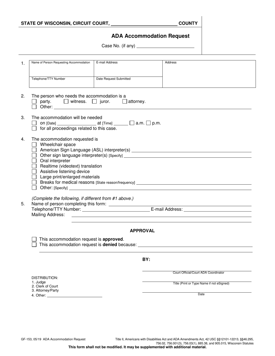 Form GF-153 Ada Accommodation Request - Wisconsin, Page 1
