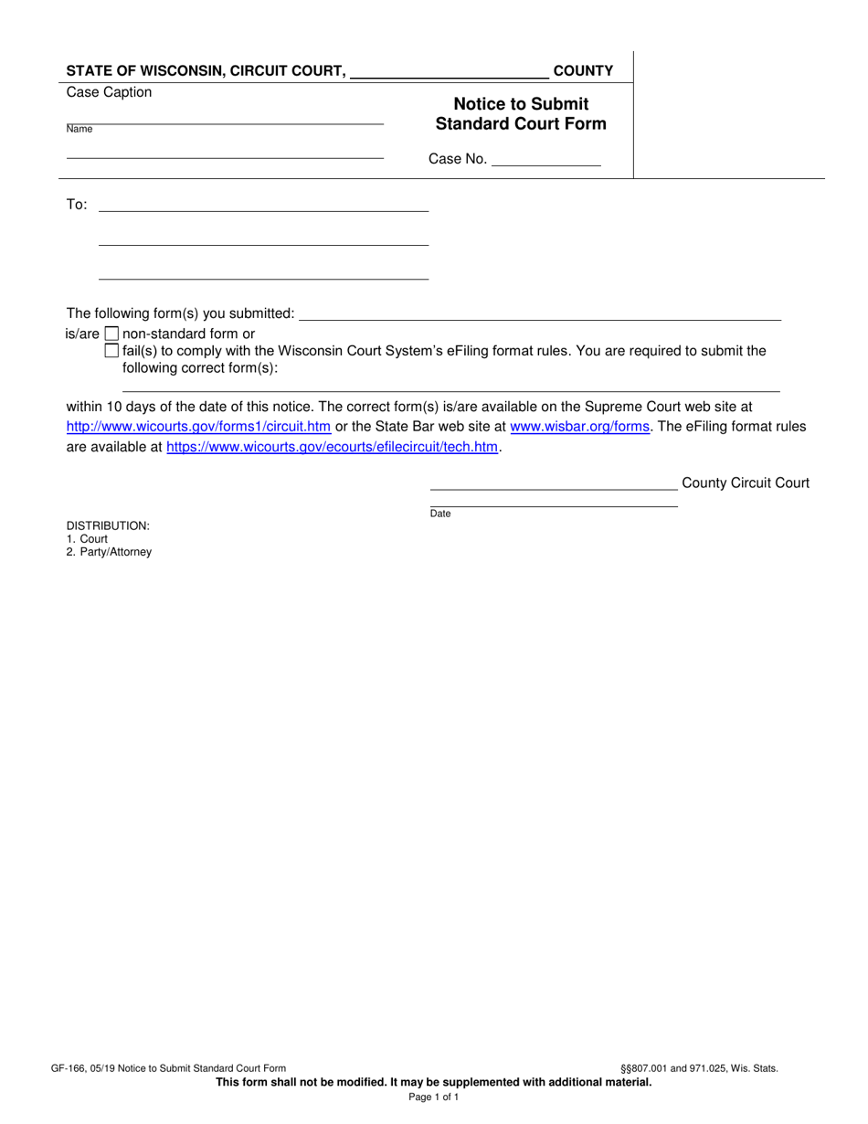 Form GF-166 Notice to Submit Standard Court Form - Wisconsin, Page 1