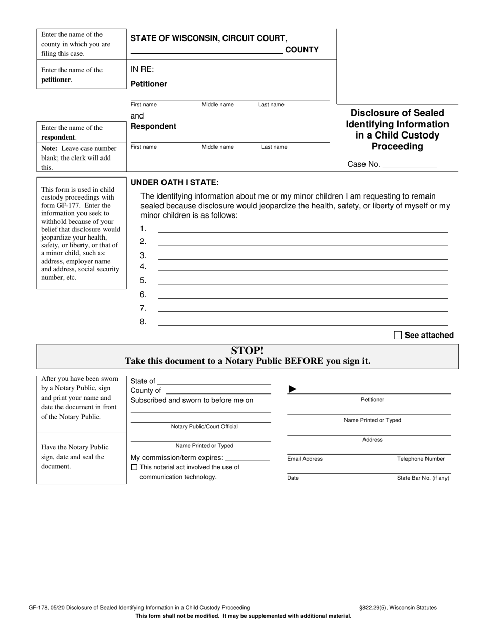 Form GF-178 Disclosure of Sealed Identifying Information in a Child Custody Proceeding - Wisconsin, Page 1
