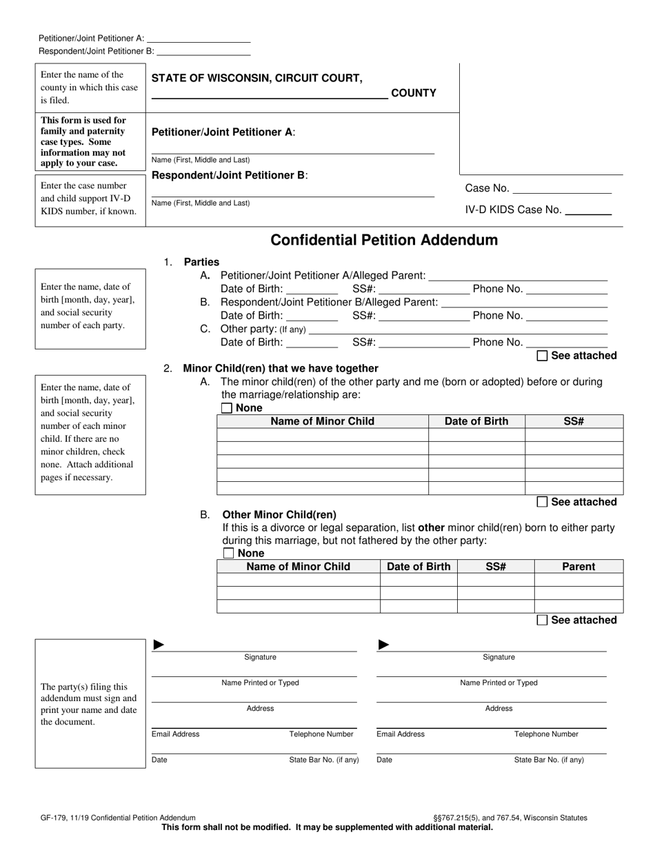 Form GF-179 Confidential Petition Addendum - Wisconsin, Page 1