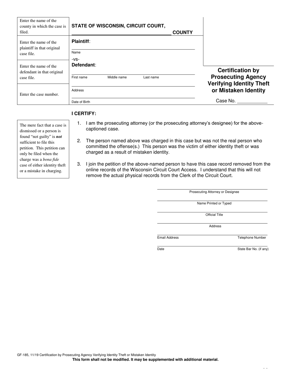 Form GF-185 Certification by Prosecuting Agency Verifying Identity Theft or Mistaken Identity - Wisconsin, Page 1