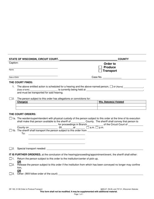 Form GF-190 Order to Produce or Transport - Wisconsin