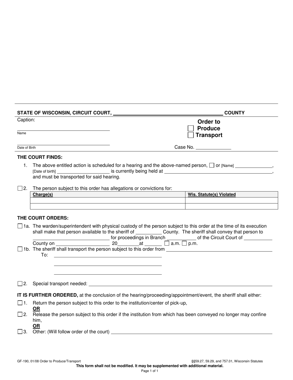 Form GF-190 Order to Produce or Transport - Wisconsin, Page 1