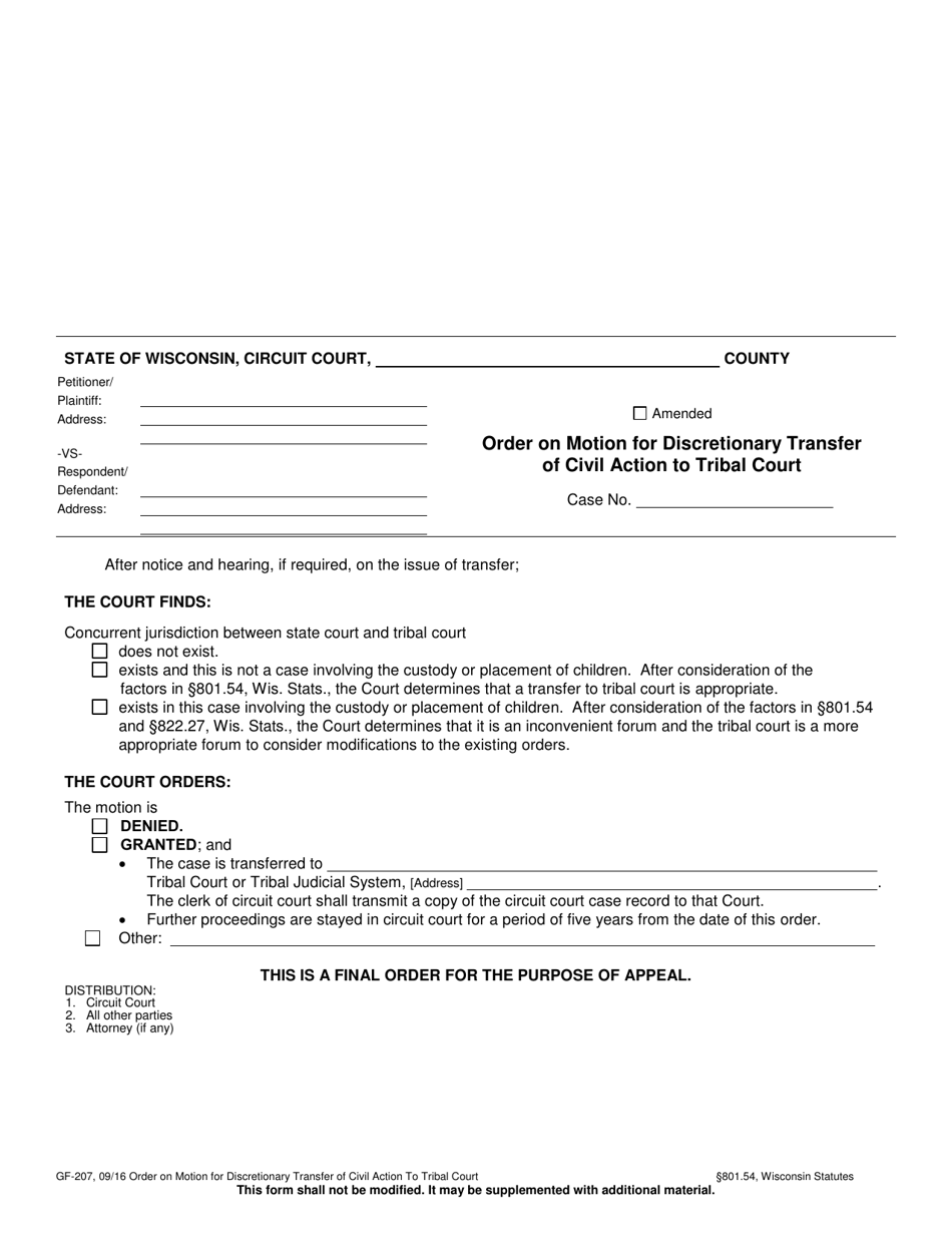 Form GF-207 Order on Motion for Discretionary Transfer of Civil Action to Tribal Court - Wisconsin, Page 1
