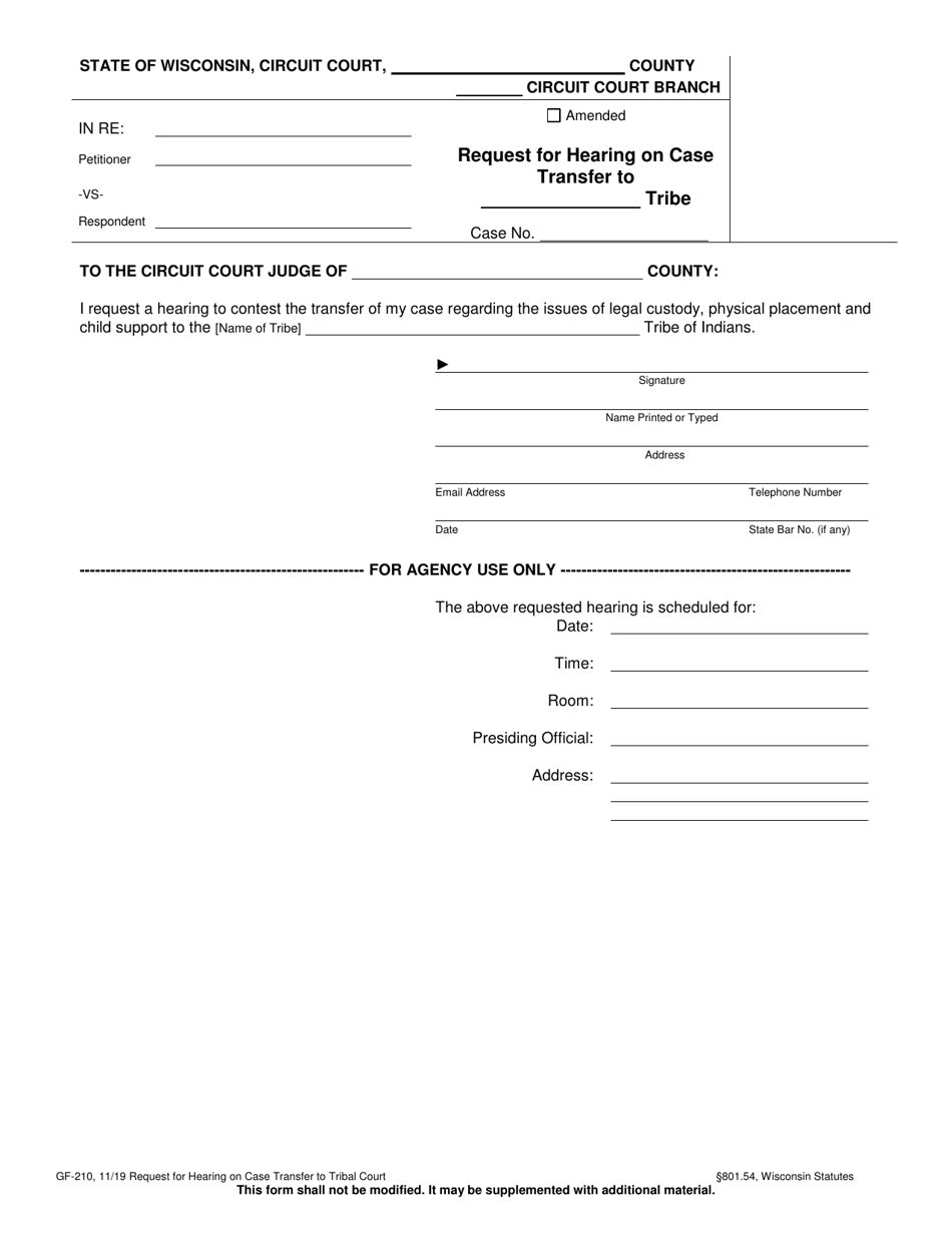 Form GF-210 Request for Hearing on Case Transfer to Tribal Court - Wisconsin, Page 1