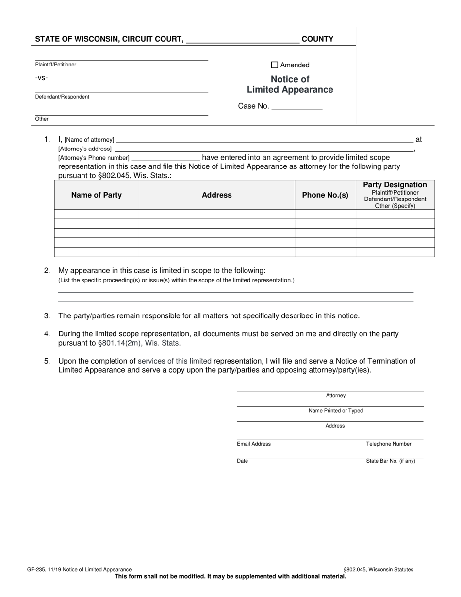 Form GF-235 Notice of Limited Appearance - Wisconsin, Page 1
