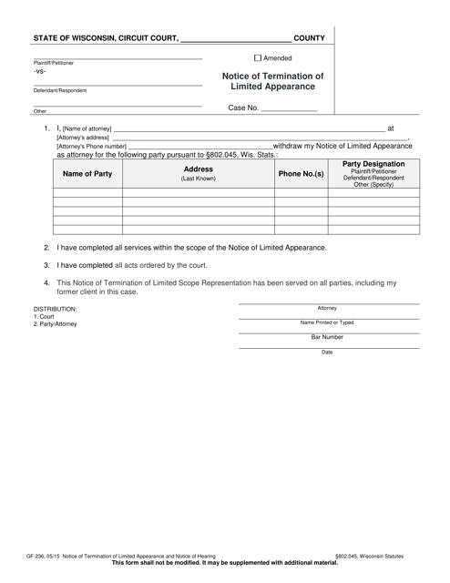Form GF-236 Notice of Termination of Limited Appearance - Wisconsin