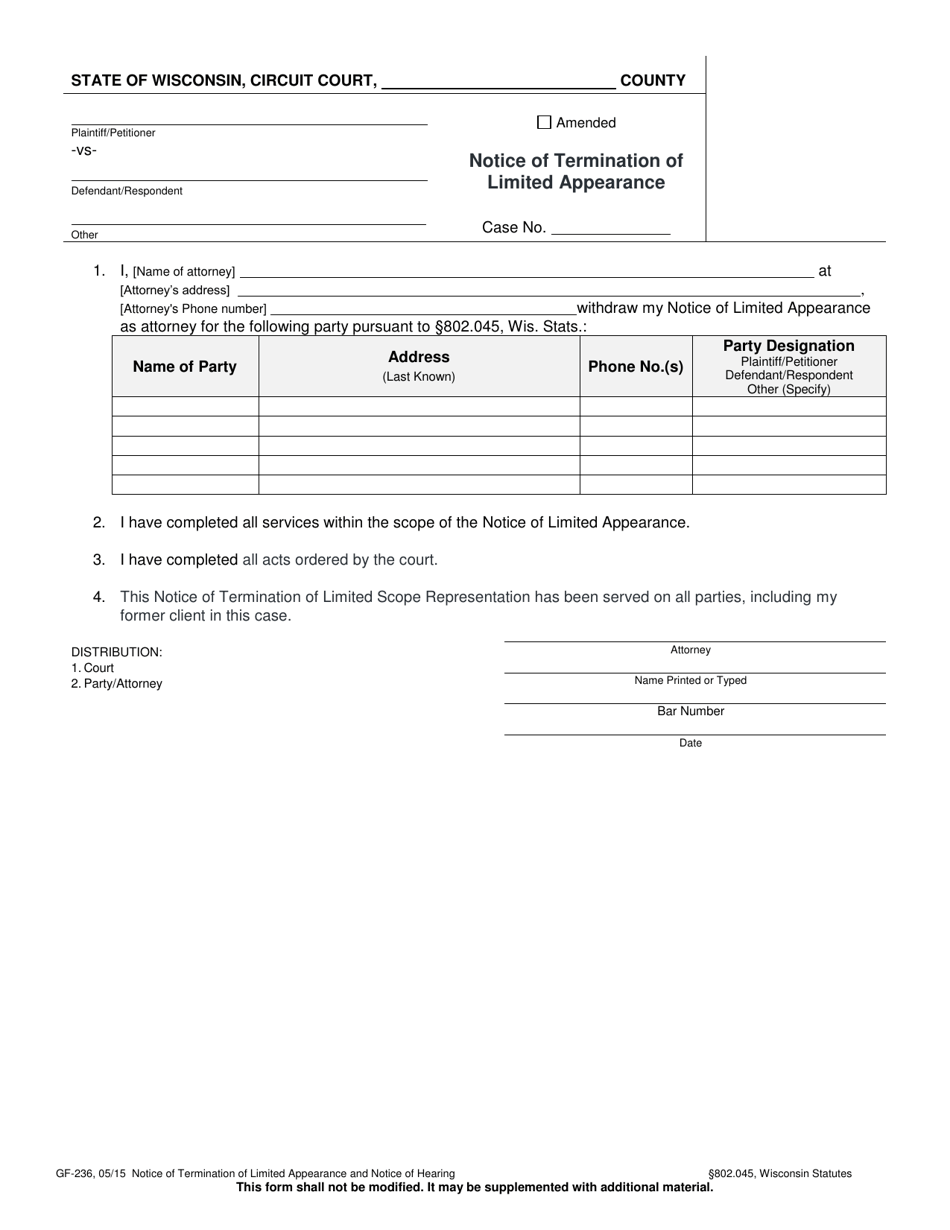 Form GF-236 Notice of Termination of Limited Appearance - Wisconsin, Page 1