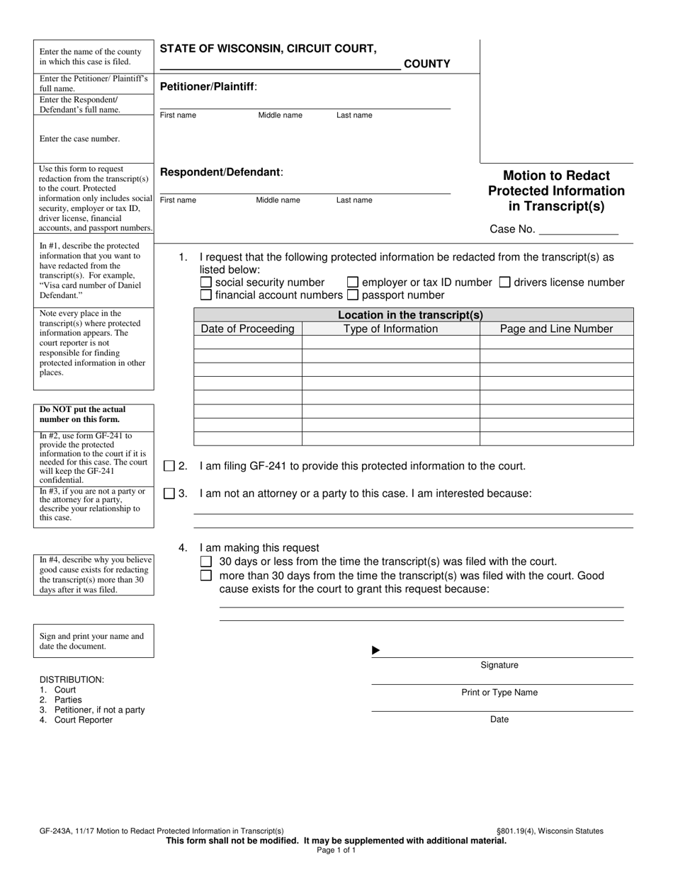 Form GF-243A Motion to Redact Protected Information in Transcript(S) - Wisconsin, Page 1