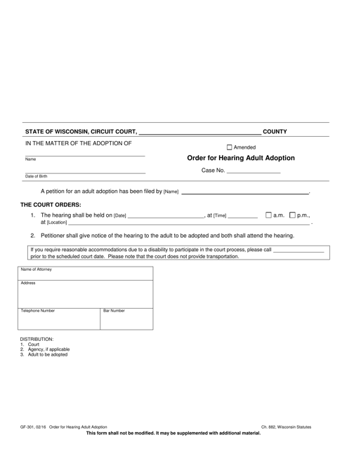 Order for Hearing - Adult Adoption - Wisconsin Download Pdf