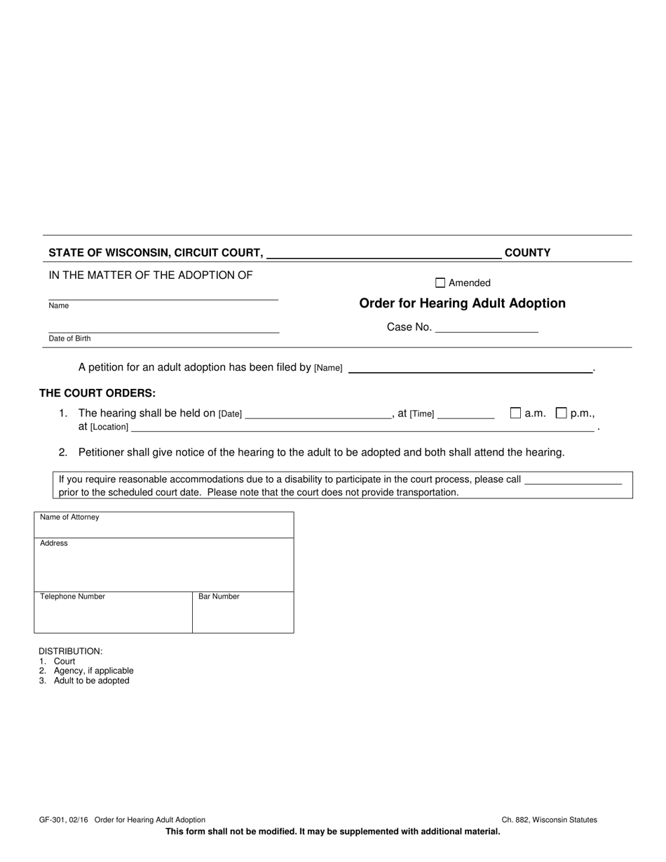 Order for Hearing - Adult Adoption - Wisconsin, Page 1