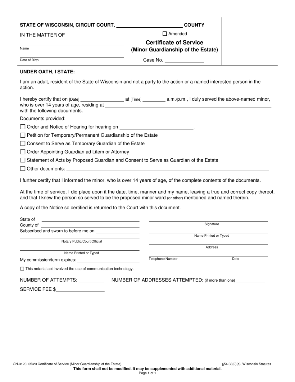 Form GN-3123 Certificate of Service (Minor Guardianship of the Estate) - Wisconsin, Page 1