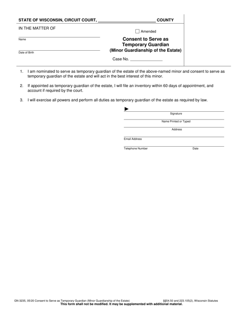 Form GN-3235 Consent to Serve as Temporary Guardian (Minor Guardianship of the Estate) - Wisconsin