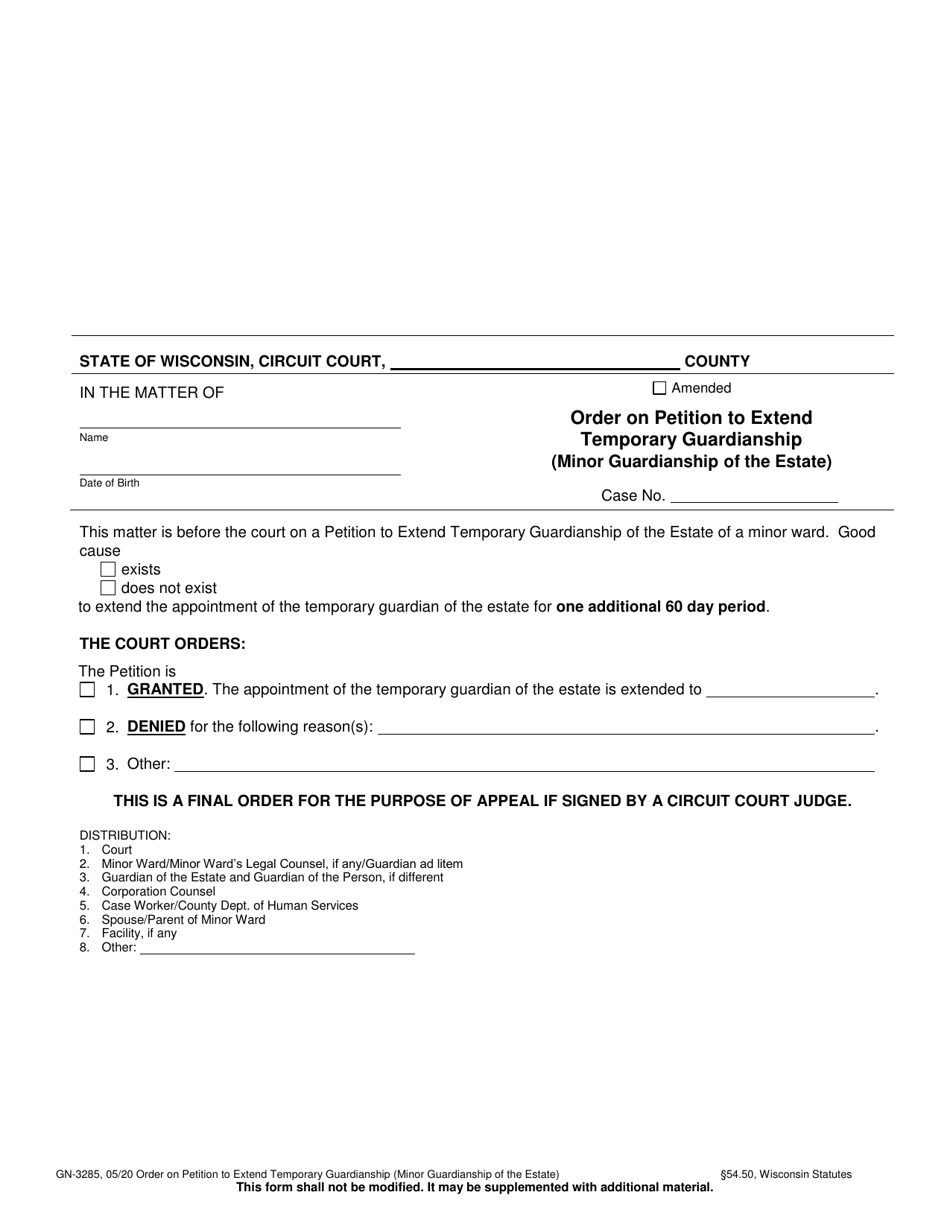 Form GN-3285 Order on Petition to Extend Temporary Guardianship (Minor Guardianship of the Estate) - Wisconsin, Page 1