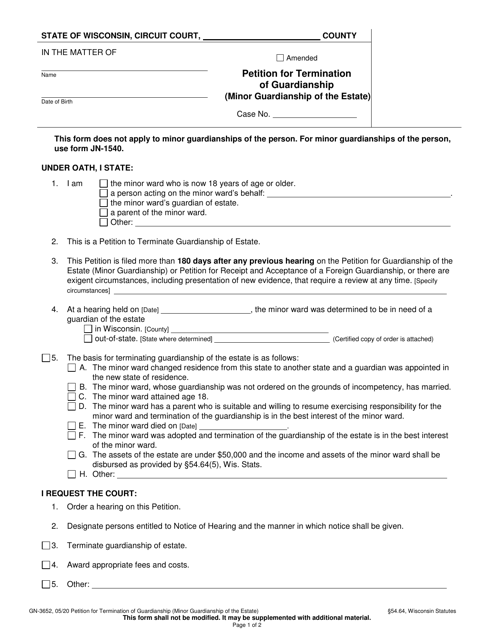 Form GN-3652 Petition for Termination of Guardianship (Minor Guardianship of the Estate) - Wisconsin
