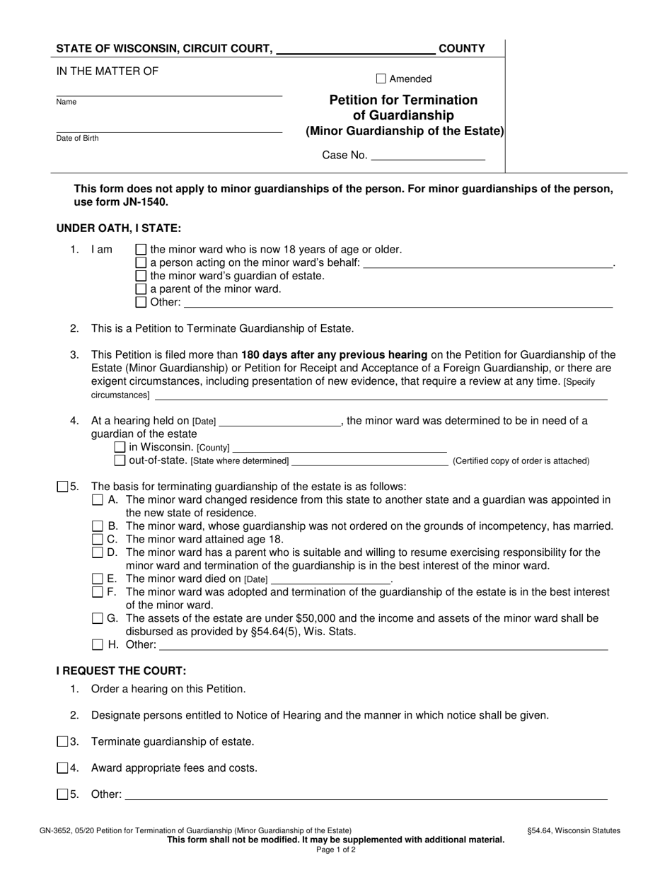 Form GN-3652 Petition for Termination of Guardianship (Minor Guardianship of the Estate) - Wisconsin, Page 1