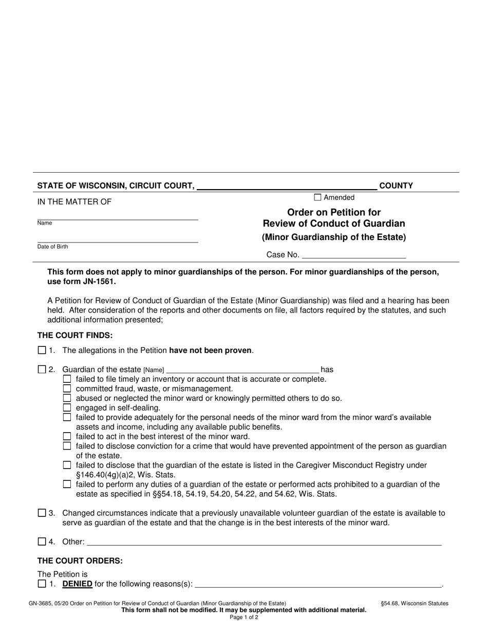 Form GN-3685 Order on Petition for Review of Conduct of Guardian (Minor Guardianship of the Estate) - Wisconsin, Page 1