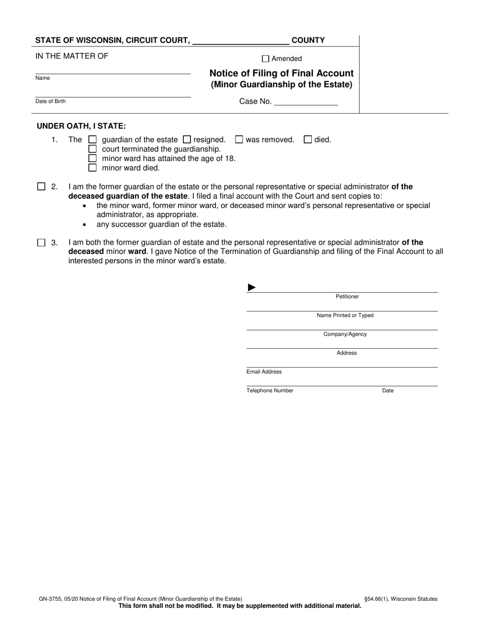 Form GN-3755 Notice of Filing of Final Account (Minor Guardianship of the Estate) - Wisconsin, Page 1