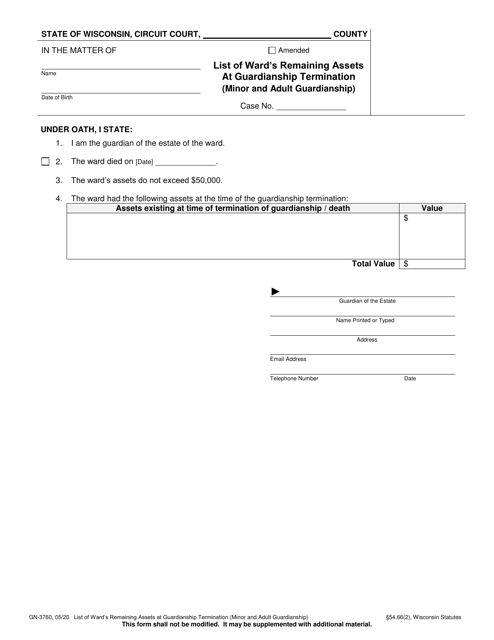 Form GN-3760 List of Ward's Remaining Assets at Guardianship Termination (Minor and Adult Guardianship) - Wisconsin